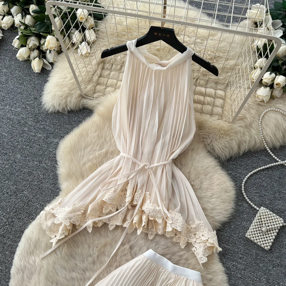 French-style Gentle White Sleeveless Pleated Clothes For Women, Summary Lace-trimmed Elegant And Stiglich Workwear Set Femme