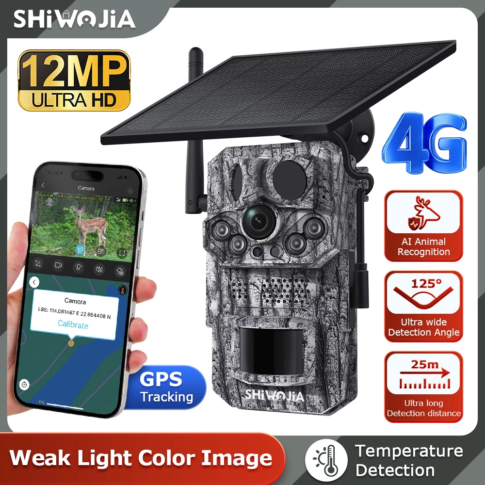 SHIWOJIA 12MP 4G Solar Hunting Trail Camera GPS 20M PIR Motion Detection Night Vision IP66 Battery Wildlife Solar Camera Outdoor