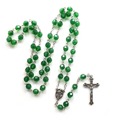 QIGO Green Acrylic Rosary Necklace Vintage Cross Pendant Long For Men Women Christian Church Prayer Ornaments