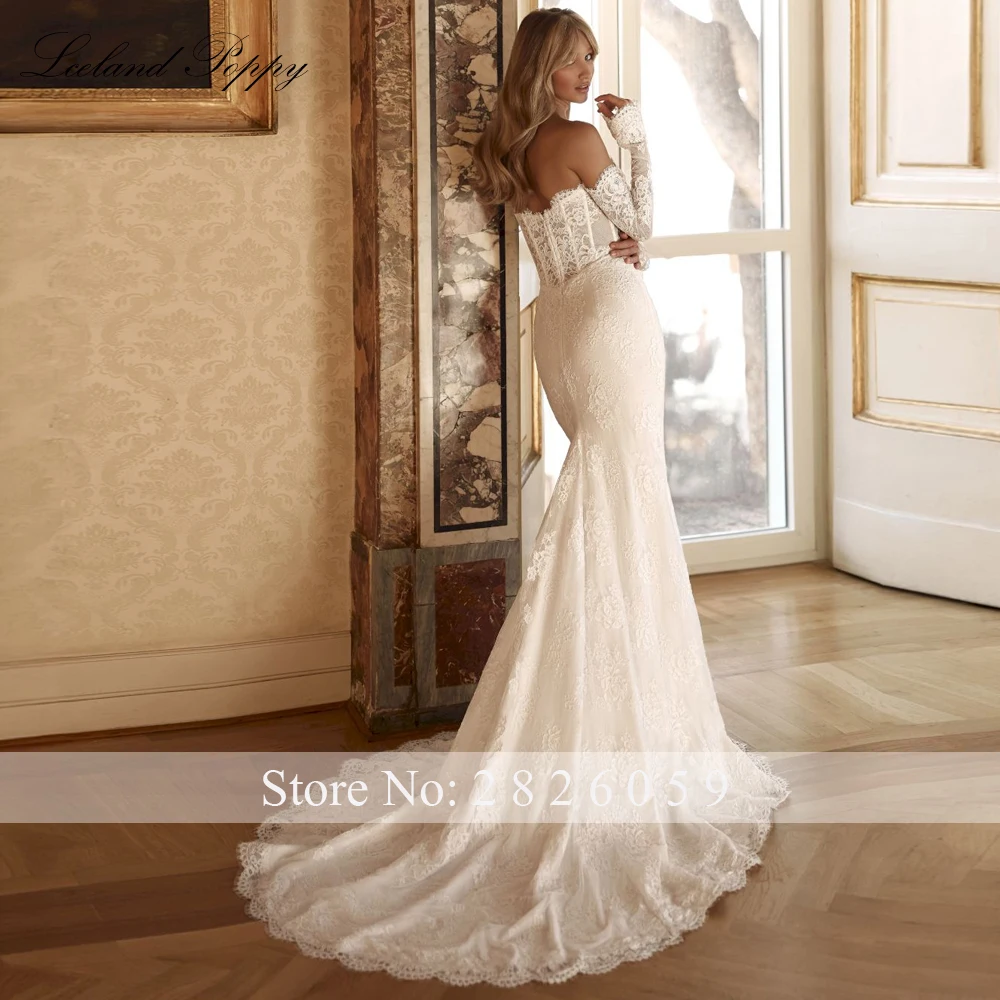 Lceland Poppy Customized Lace Mermaid Wedding Dresses Strapless Long Sleeves Illusion Bridal Gowns with Court Train