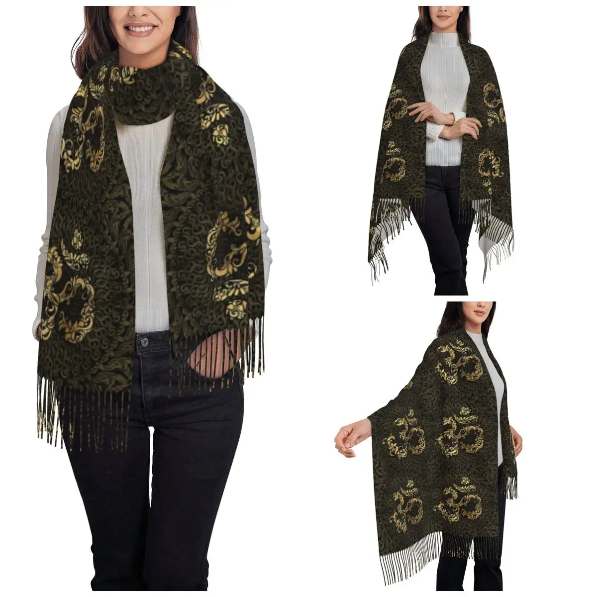 Om Symbol Golden Swirl Religious Scarf for Womens Warm Winter Cashmere Shawls and Wrap Long Scarves with Tassel for Daily Wear