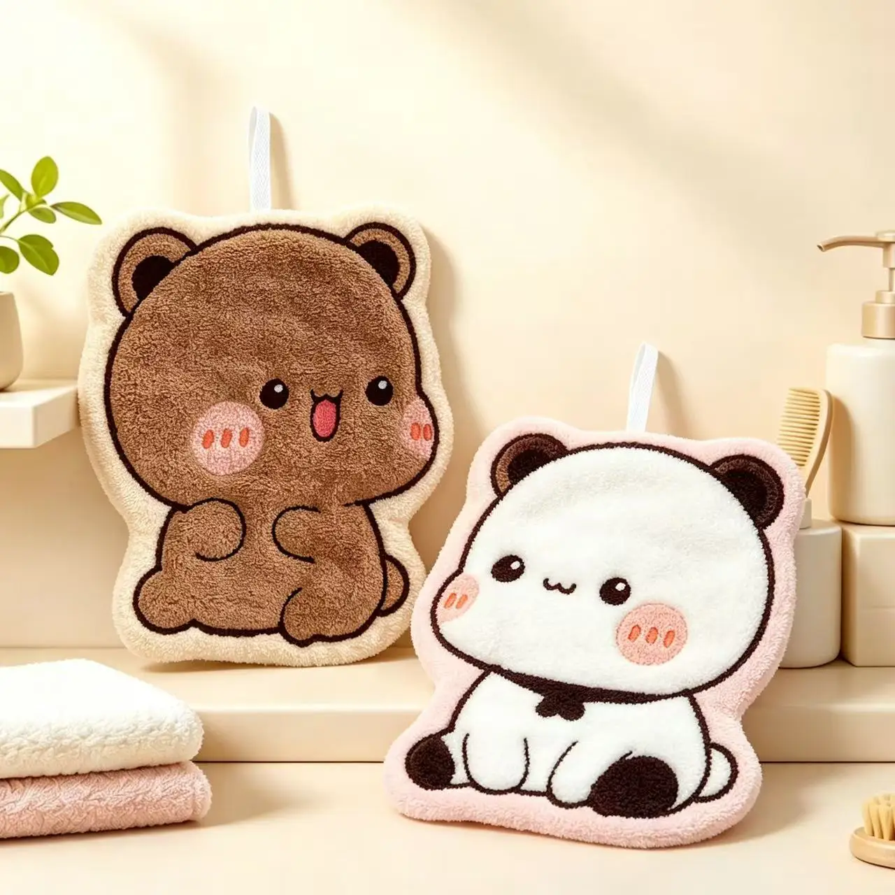 Cartoon Bear Panda Hand Towel Thick Absorbent Coral Fleece Hanging Wipe Towel Bathroom Dish Soft Hand Drying Towel Hanging Loop