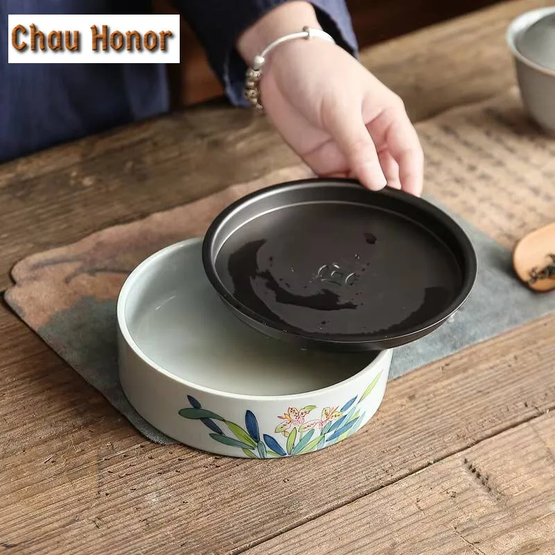 Underglaze Color Hand-painted Iris Flower Pot Handmade Saucer Round Ceramic Tea Tray Water Storage Kung Fu Tea Set Accessories