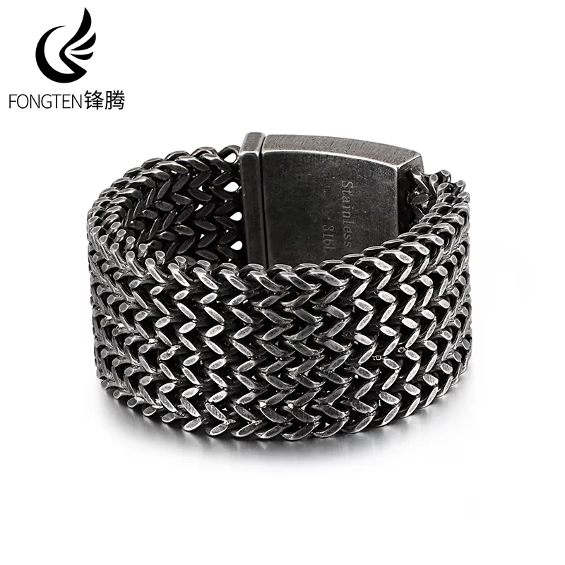 

Fongten Vintage Stainless Steel Bracelet for Men Chunky Mesh Chain Wrist Charm Bangle Bracelets Multiple Color Hip Hop Jewelry