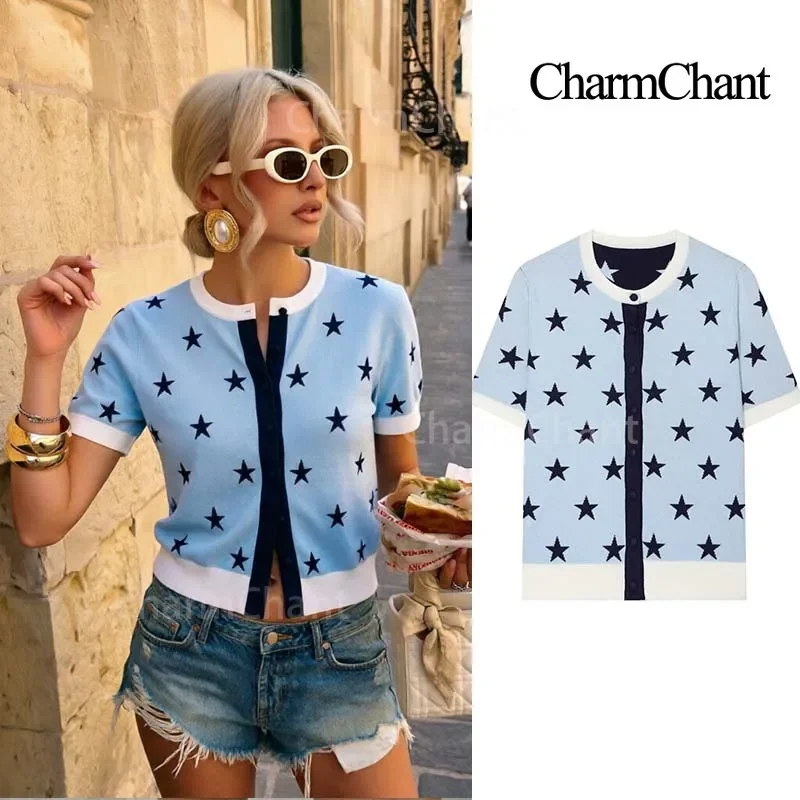 Fanan Women Y2K Star Print Knit Cardigan Short Sleeve Contrast Trim Top Summer 2026 Streetwear Cute Crop Sweater Female