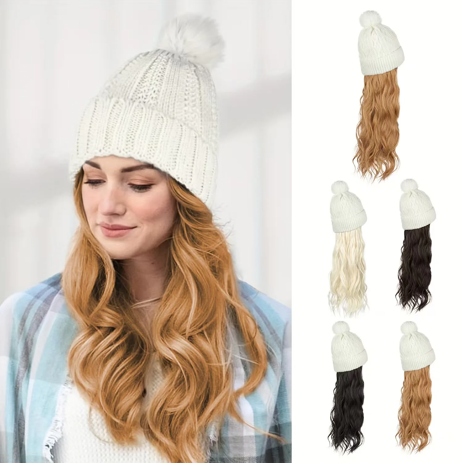 Winter Warm White Knit Hat Wig with 20 Inch Long Wavy Curly Hair Extensions Synthetic Hairpiece for Women And Girls