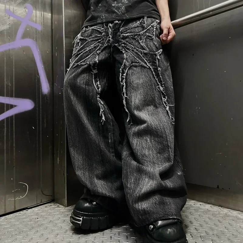 

Gothic Retro Oversized Baggy Fit Unisex Mopping Pants Y2K Phantom Jeans High Street Spider Embroidered Patch Hip Hop Streetwear