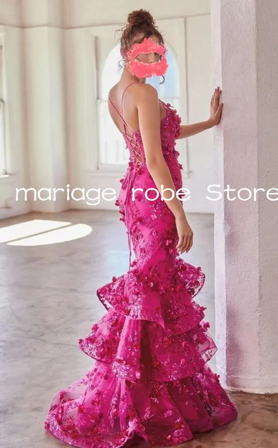 Embroidered Long Tiered Mermaid Prom Dresses 2025 Customized Fuchsia Luxury Gillter Floral Boning Corset Evening Gala Gown