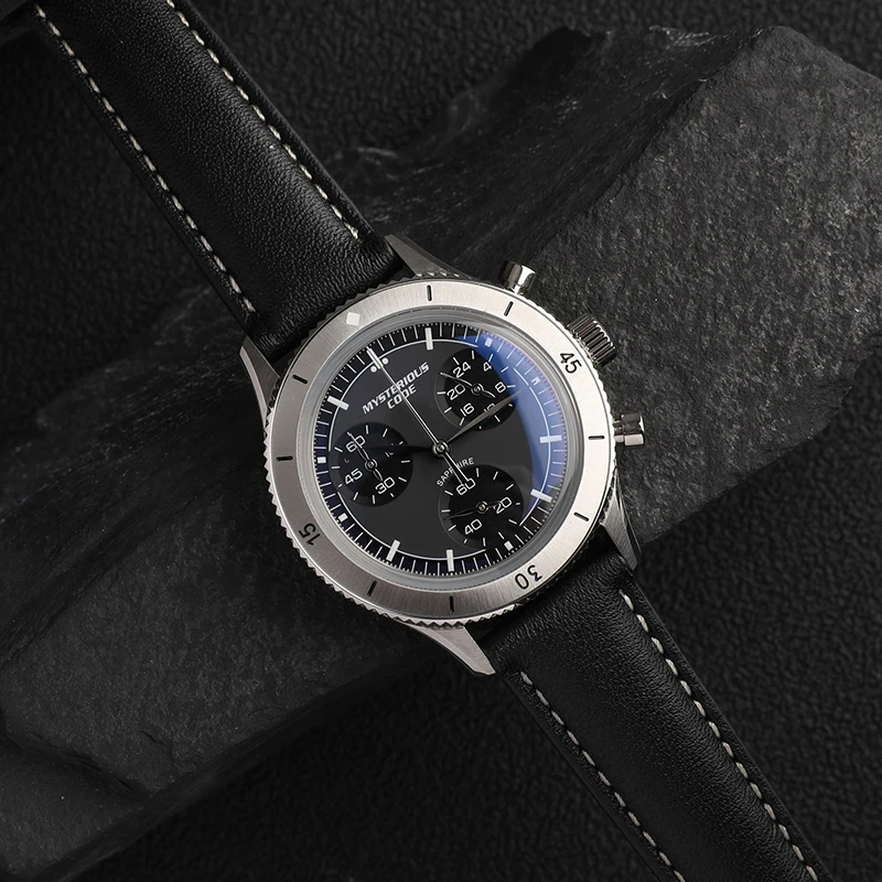 Men Japanese Quartz Chronograph Vk64 Aviation Stainless Steel Case Genuine Leather Strap 5atm Water Resistance 37mm Large Dial
