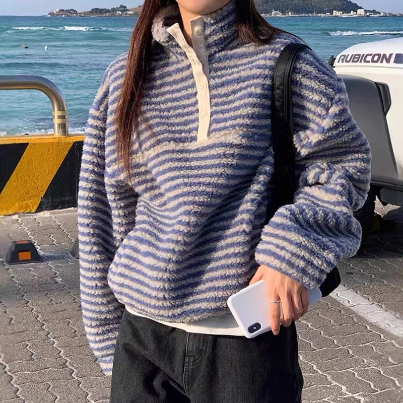 الكورية الصوف مخطط البلوز المرأة Harajuku Y2K كم طويل معطف دافئ رقيق فضفاض عادية الشارع سترة الموضة