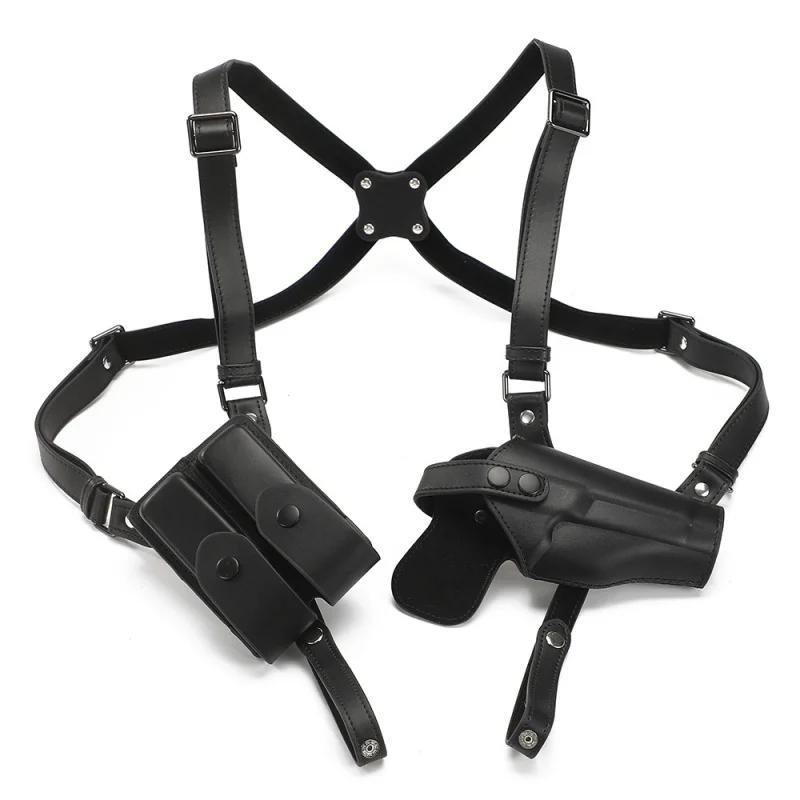 Leather Double Pouch Concealed Pistol Holster with Adjustable Side Strap