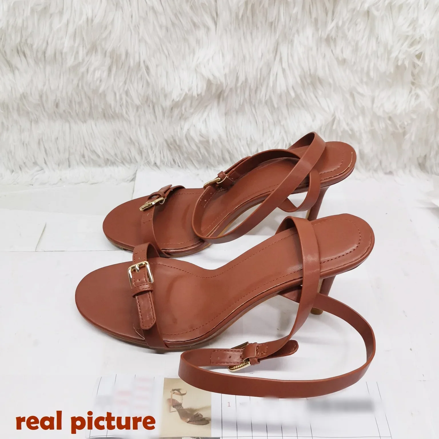Classic Brown Buckle Strap Stiletto Sandals Vintage PU Round Open Toe Thin High Heels 2024 Summer Women Dress Concise Shoes