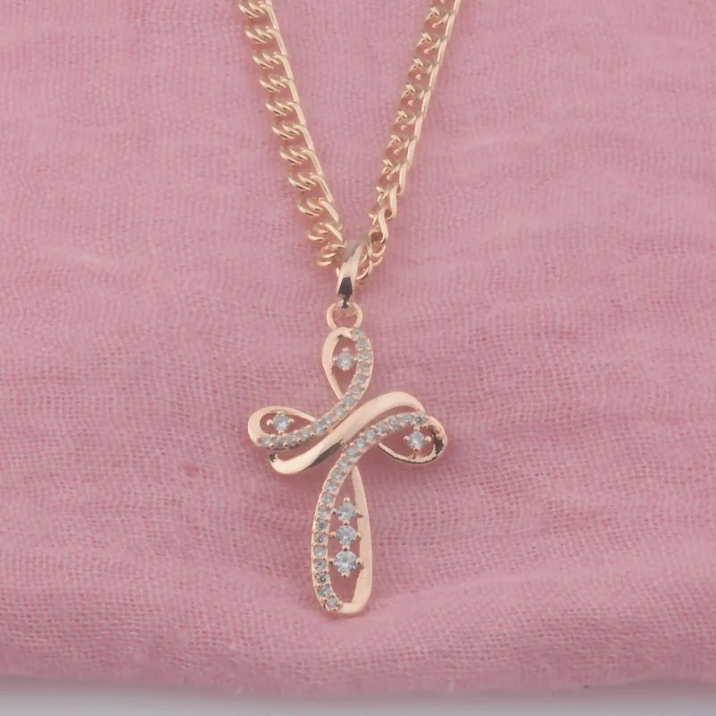 FJ Women 585 Rose Gold Color Butterfly Shaped Crystal Cross Pendant Link Chain