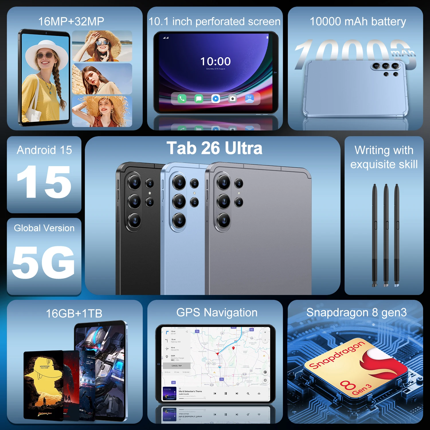 NEW 2026 Tab 26 Ultra 10.1" 5G Snapdragon 8 Gen3 22GB RAM 2TB ROM 10000mAh Long Battery Dual Camera view 2