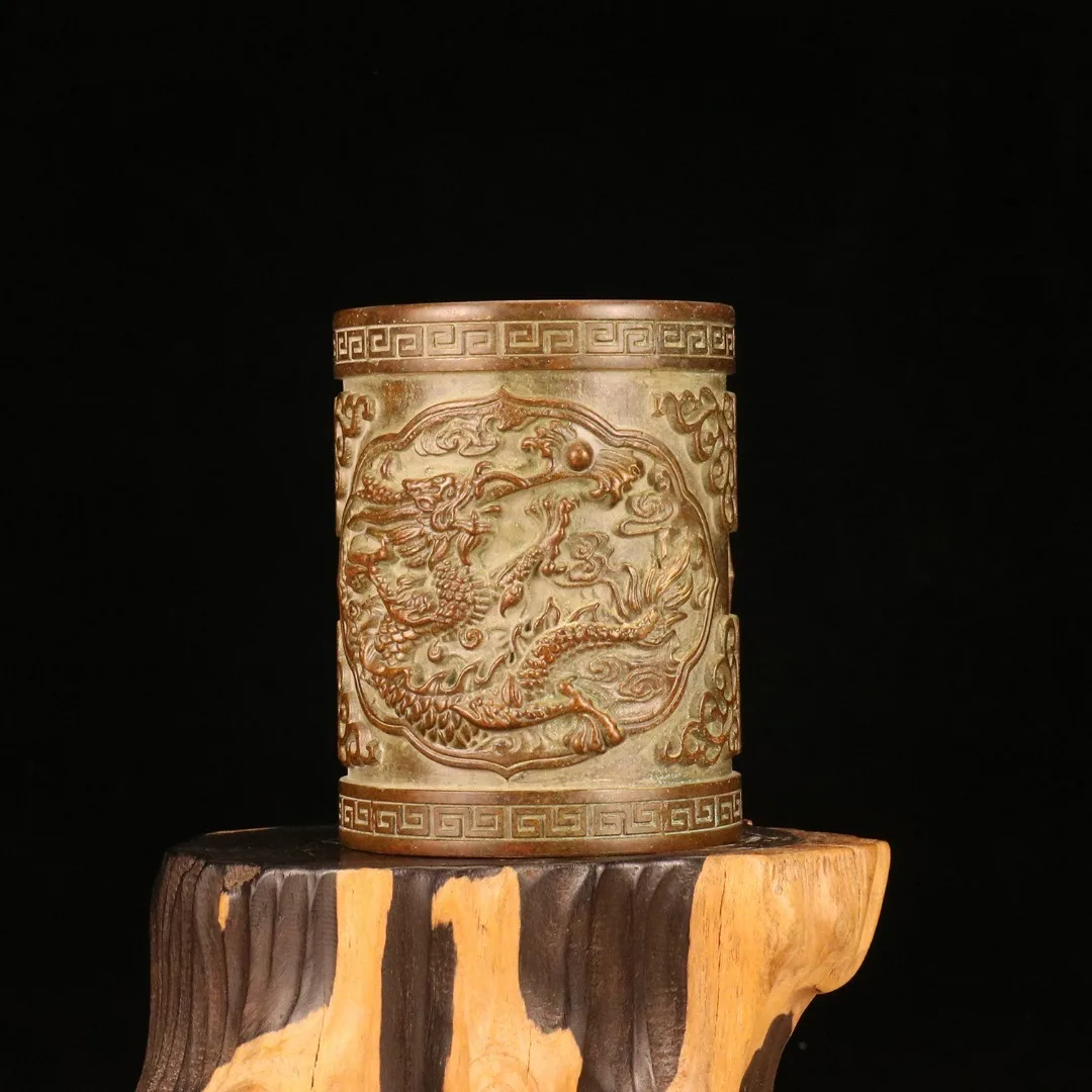 Creative Art Flower Pot Makeup Brush Storage Pen Holder Bronze Dragon Pattern Sculpture Storage Box Retro Decorative Vase