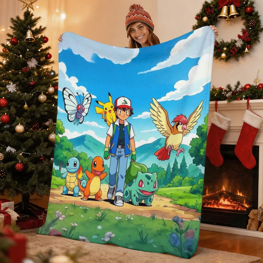 Pokemon Ash Pikachu Squirtle Charmander Bulbasaur Flannel Throw Blanket Soft Warm Sofa Bed Cartoon Blanket Home Decor Gift