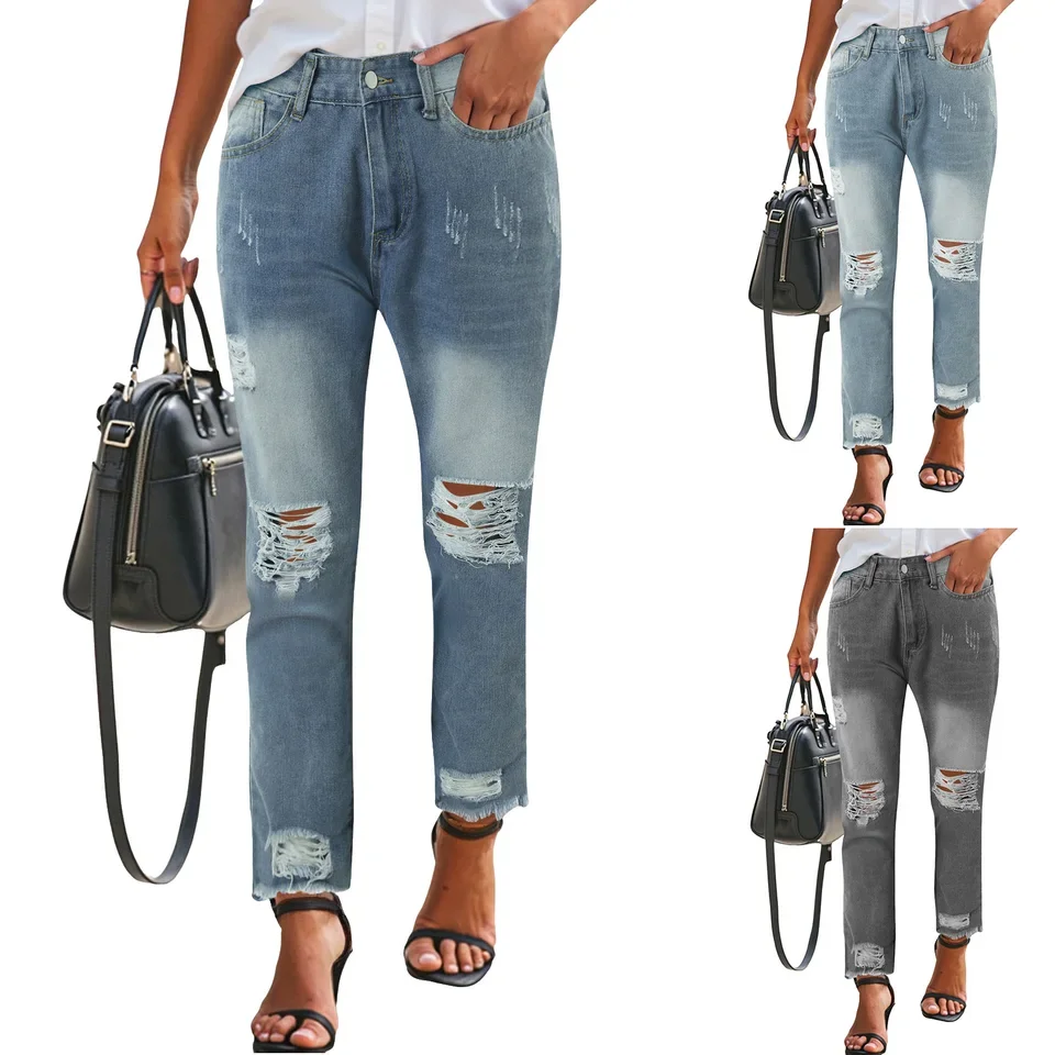 Trendy Straight Leg Ladies Long Pants Straight Leg Jeans For Women Mid Rise Comfy Fit Distressed Jeans Casual лонгслив женский