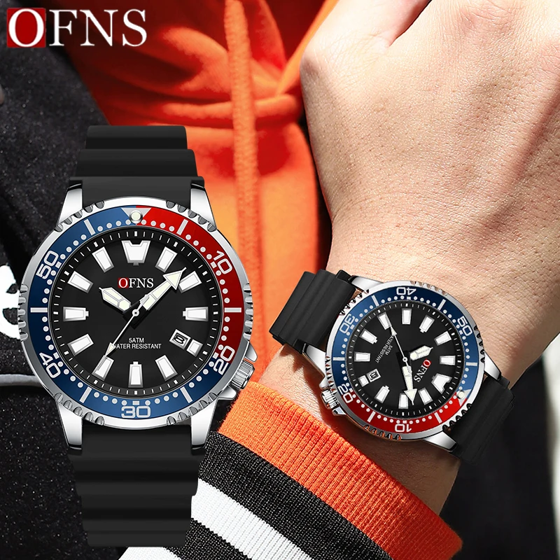

OFNS 8032, новые простые деловые кварцевые часы, мужские силиконовые ремешки, календарь, ночник, водонепроницаемые часы, модные повседневные мужские часы