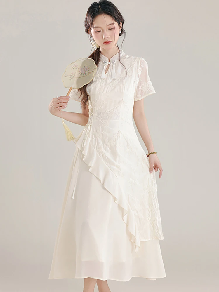 

Summer White Emboridery Jacquard Patchworm Fake Two Piece Dress Women Elegant Luxury Dress 2025 New Korean Bodycon Holiday Dress