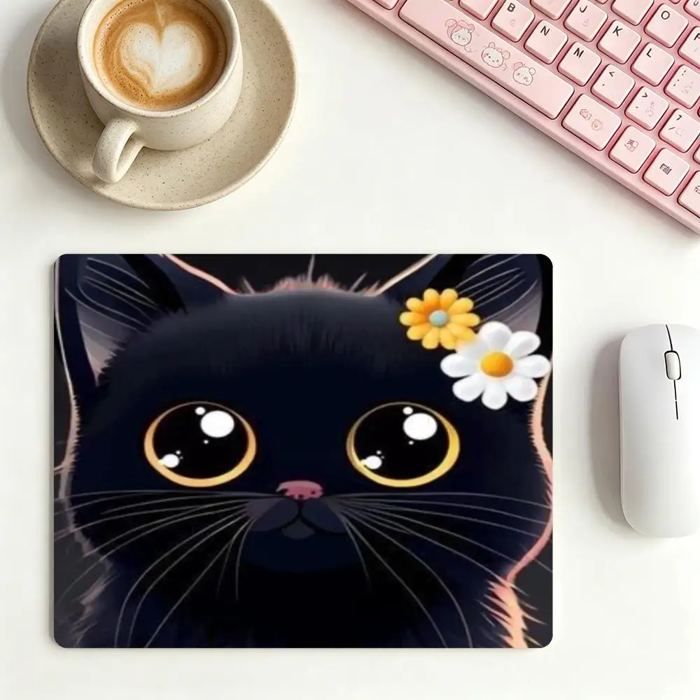 Cute Black Cat With Daisy Flower mousepad large size keyboard accessories laptop office desktop bedroom learning table mat