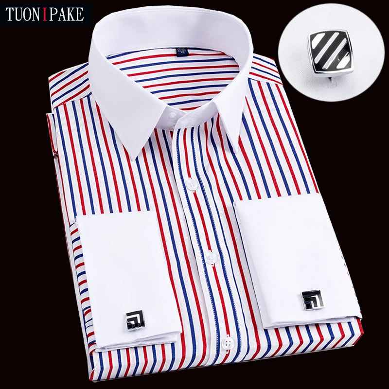 Men's French Cufflink Shirt with Slim Fit and Contrasting Color Collar, Windsor Collar, Striped Formal Long Sleeved Shir