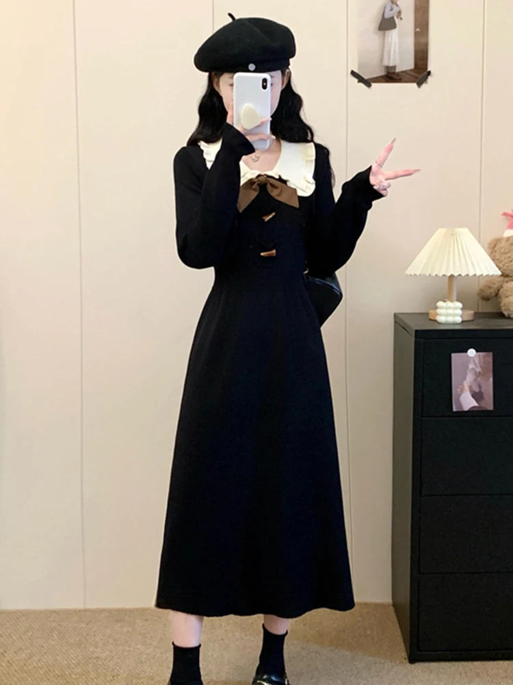 فستان نسائي كاجوال لربيع 2026 بأكمام طويلة وياقة دمية، تصميم نحيف على شكل حرف A، تنورة ضيقة متوسطة الطول أنيقة