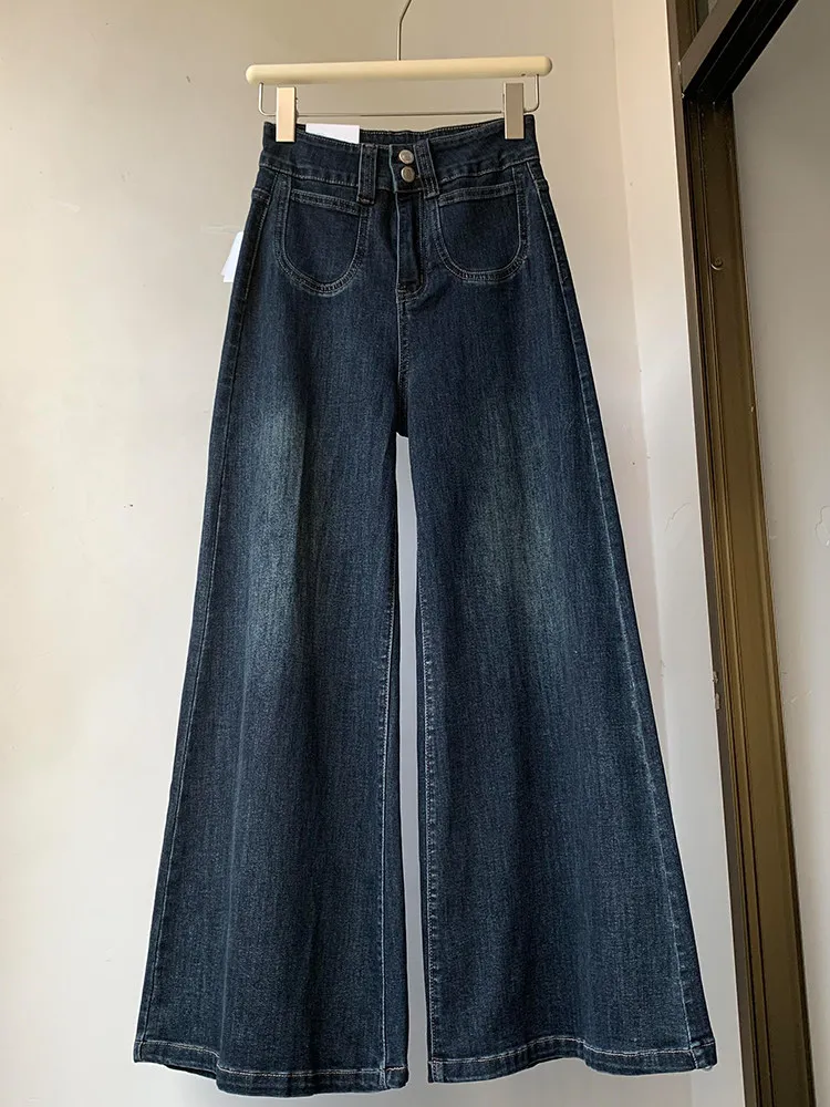 Retro Blue Jeans for Women Spring Autumn New High Waisted Casual Wide Leg Pants Commuting Loose Straight Leg Trousers