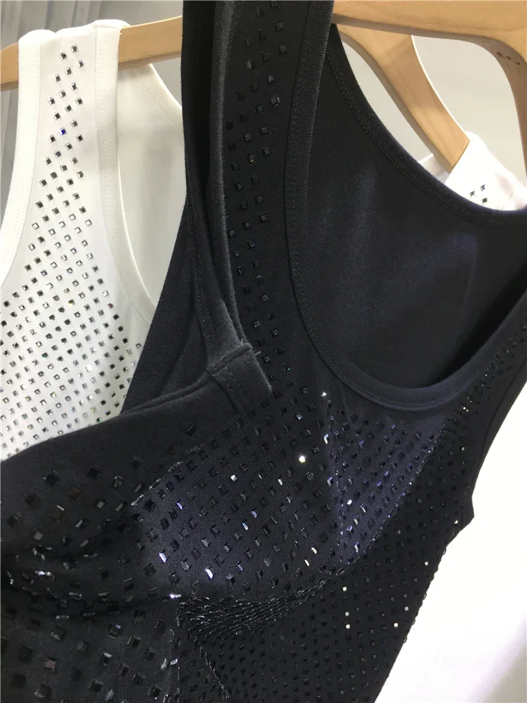 Heavy Embroidery Hot Drilling Shiny Vest Top Women 2024 Spring New Cotton Versatile Round Neck Sleeveless Knitted Sweater Top