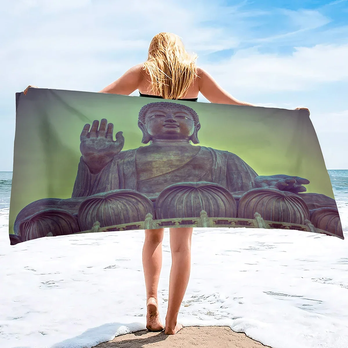Golden Buddha Print bath towel - Soft Microfiber for Travel, Pool & Spa - Ideal Gift for Serenity and Meditation Enthusiasts