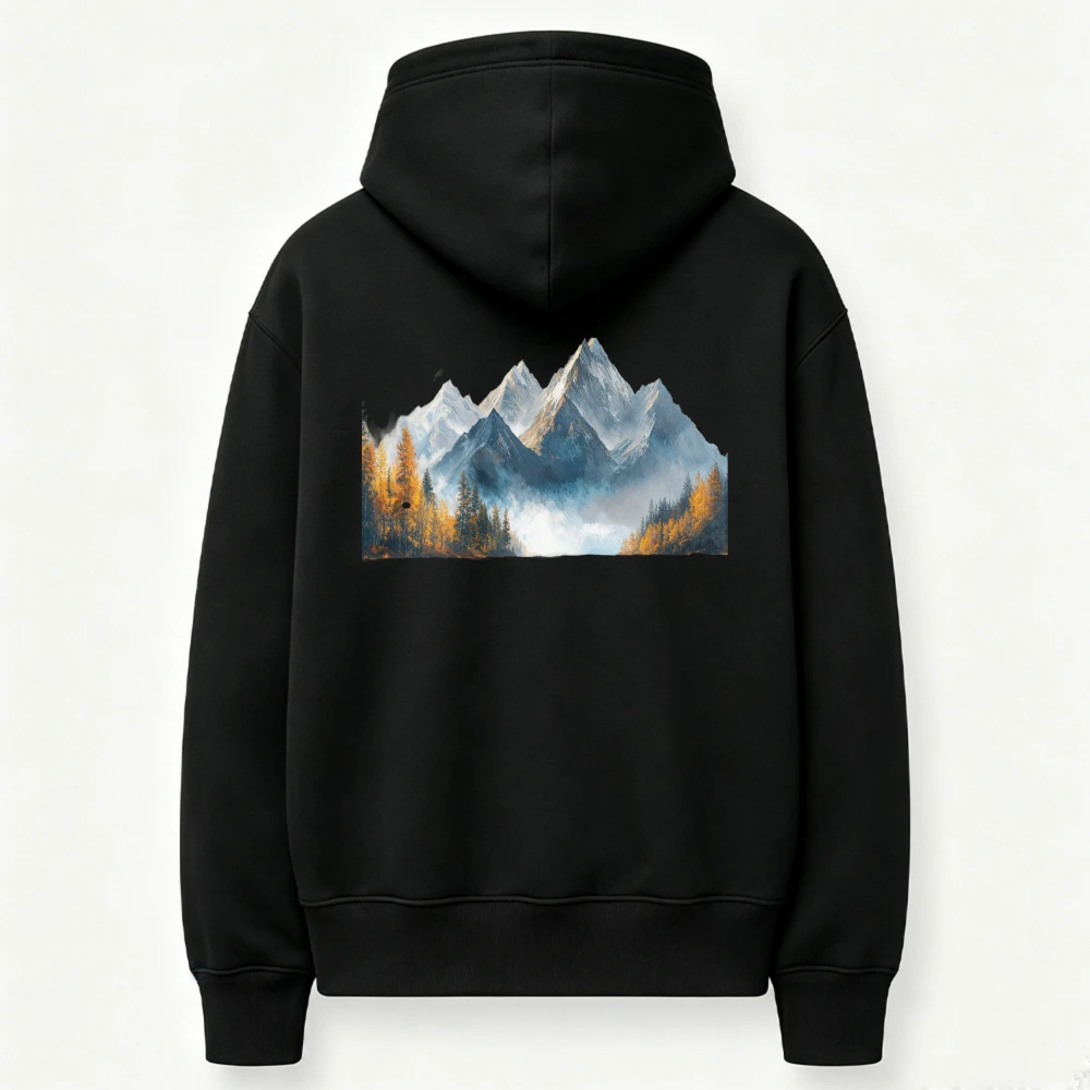 Watercolor Snow Mountain Autumn Pine Forest Misty Landscape Hoodie Front Print Wilderness Outdoor Hiking Camping Hooded Tops