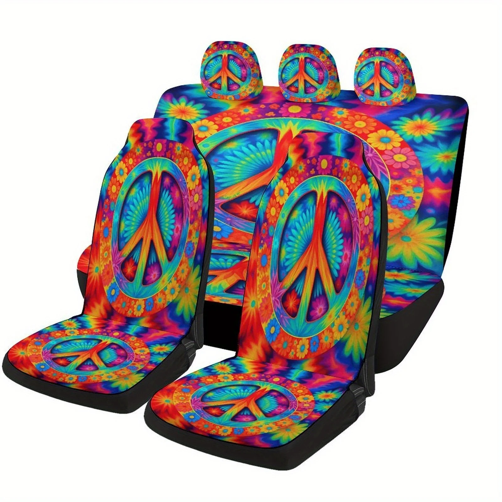 Peace Sign Flowers Designed Car Seat Cover Set For Most Cars, High-quality Comfortable Car Seat Protector Covers Full Set, Unive