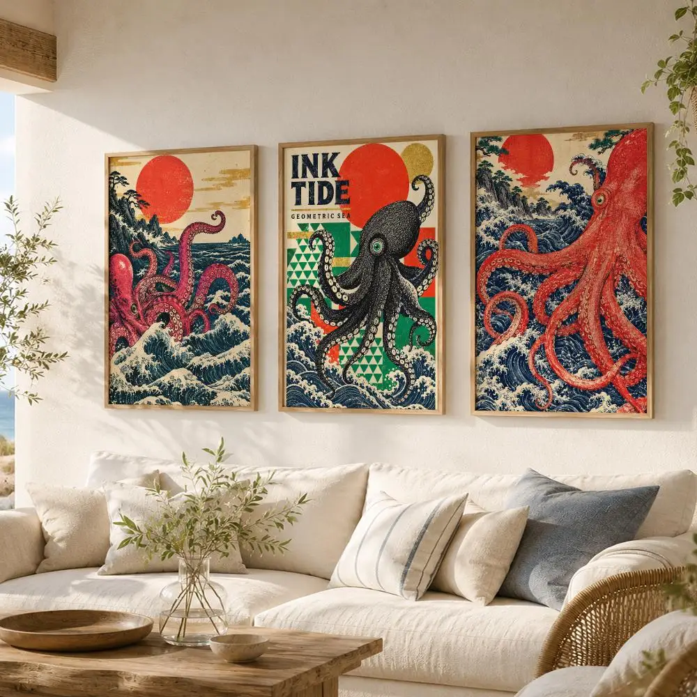 Japanese Octopus Prints Painting Calligraphy 3 PCS Vintage Fashion Canvas Wall Art Prints for Living Room Decor