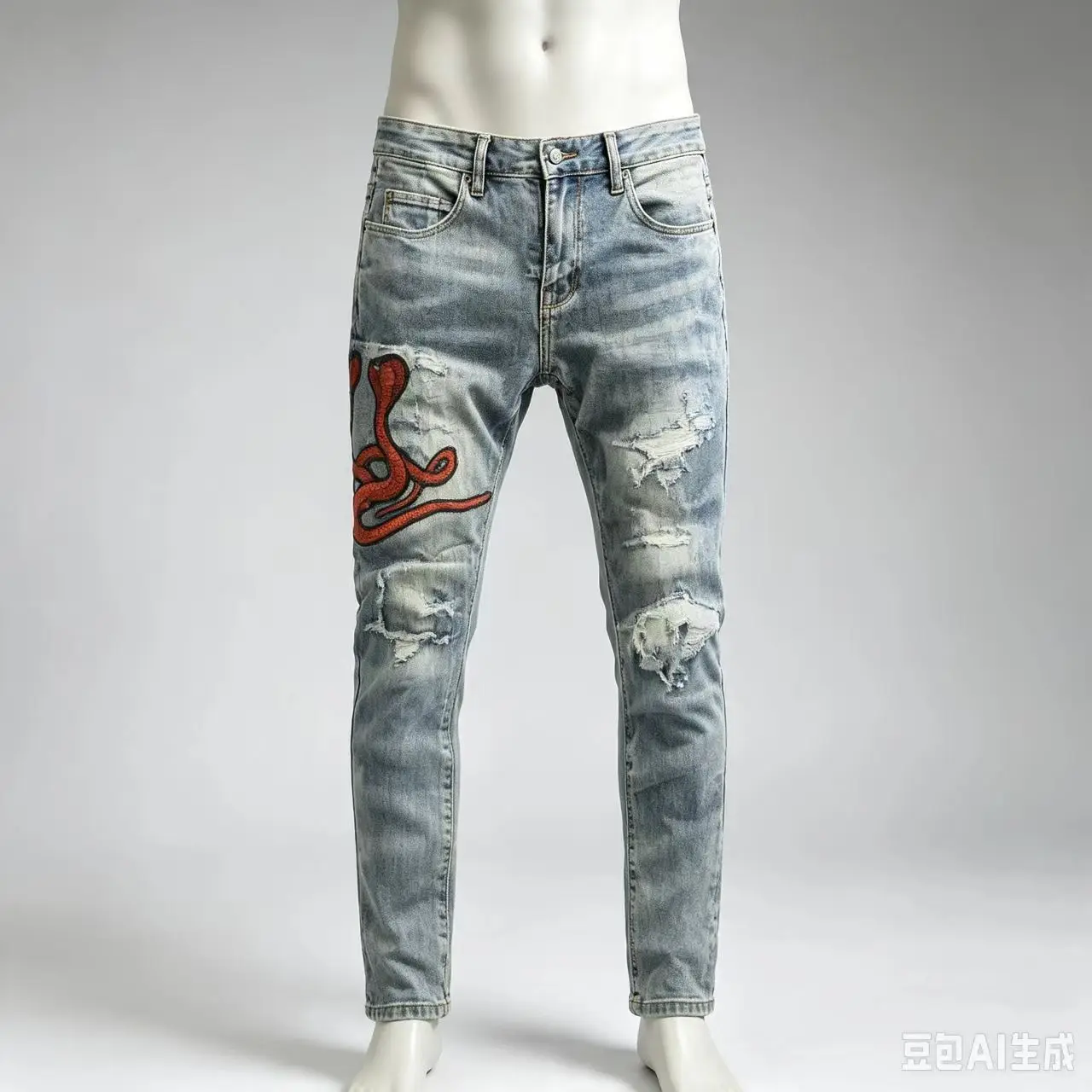 Men's Y2K Slim Fit Jeans Light Blue Nostalgic Washed with Snake Embroidery Perforated Detail Elastic Waist Red Skin Patch Street