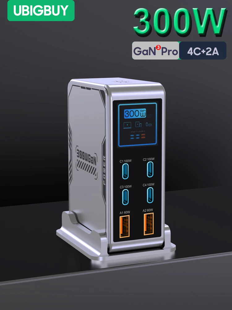 Ubigbuy 300 W GaN Ladegerät PPS PD 100 W USB Typ C 6-Port Digital Display Desktop Schnellladestation für MacBook iPhone Samsung