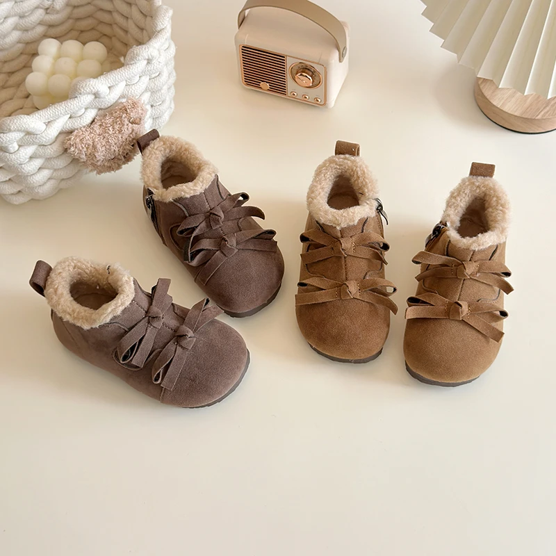 

2025 Spring New Girl's Cotton Cute Fashionable Double Bow Plush Warm Flat Shoes for Preschool Children Fashion Shoes