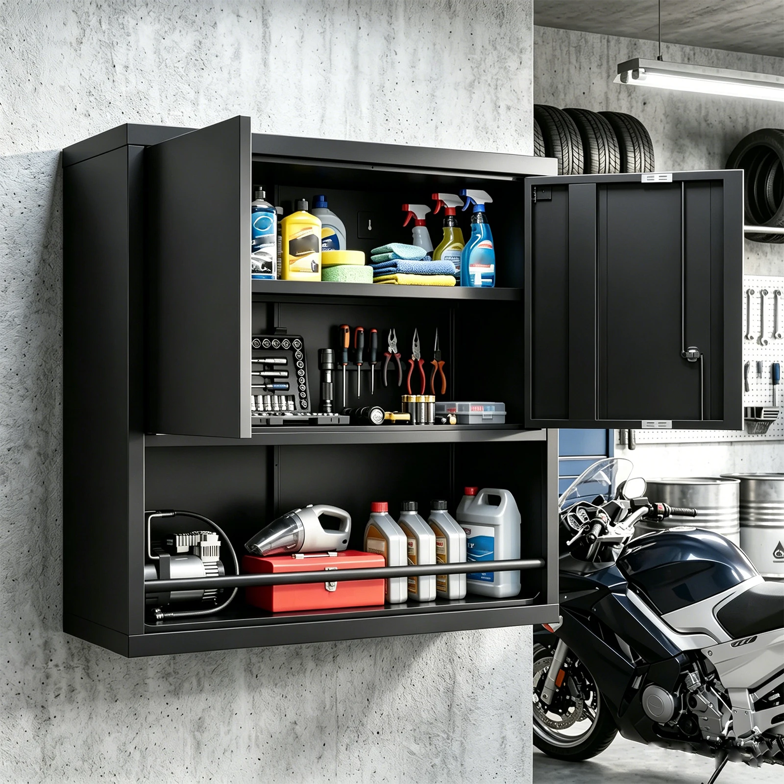 Heavy Duty Wall Mounted Lockable Steel Storage Cabinet – Commercial Grade Utility Cabinet With Adjustable Shelves (120 Lbs Load Per Shelf), Anti-Tip Guardrail, Magnetic Catch & Gooseneck Handle, For Garage, Office, Kitchen,Black