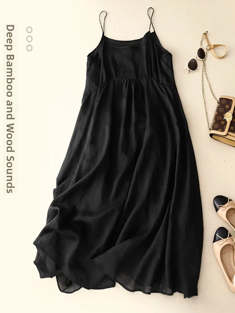 Artistic Large Size Double Layer Cotton Linen Sleeveless Vest Dress Women Summer Loose Flared Belly Concealing Slimming Gown