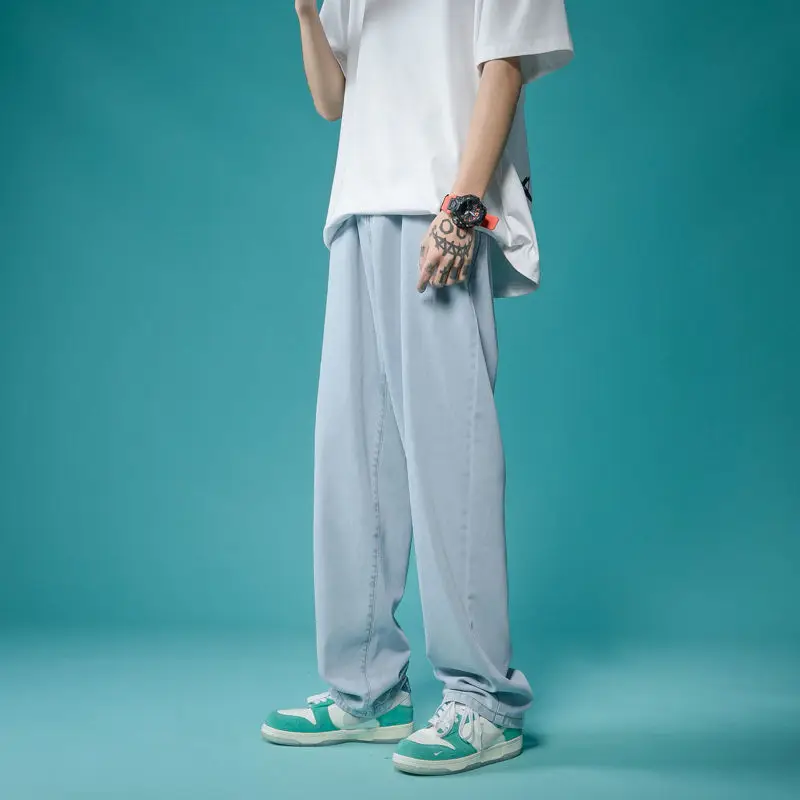 Men's Summer Loose and Versatile Trendy Nine-point Straight Denim Thin Pendant Wide-leg Men's Pants