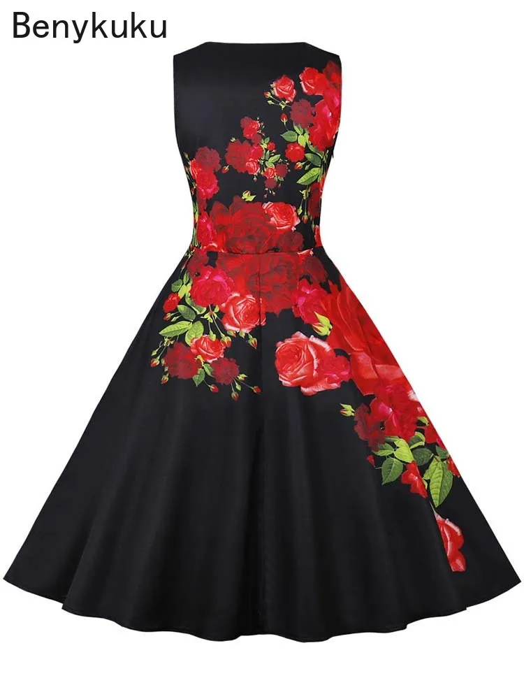 1950s Vintage Summer Dress Women Elegant Party Dresses Sleeveless Retro Swing Floral Print Casual Midi Sundress Goth Robe 2026