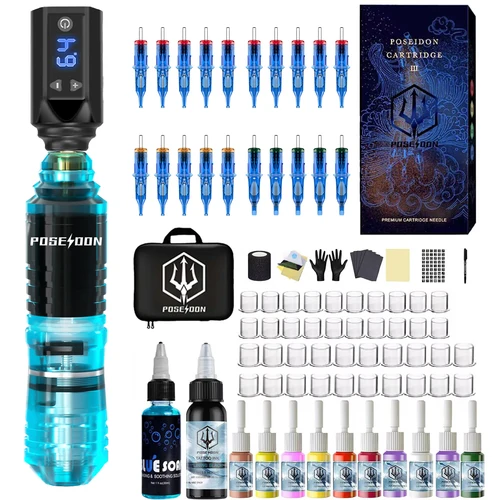 Kit de tatuaje POSEIDON, Kit de pluma de tatuaje transparente para maquillaje permanente, Kit de máquina de tatuaje, fuente de alimentación de tatuaje azul, Kit de pistola de tatuaje