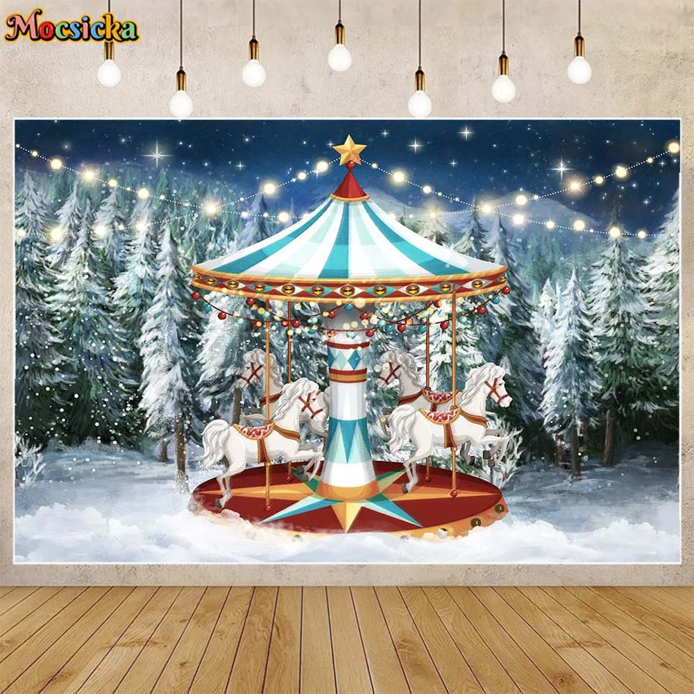 

Mocsicka Winter Snow Forest Carousel Photography Backdrops Child Outdoor Portrait Background Christmas Decor Photo Studio Props