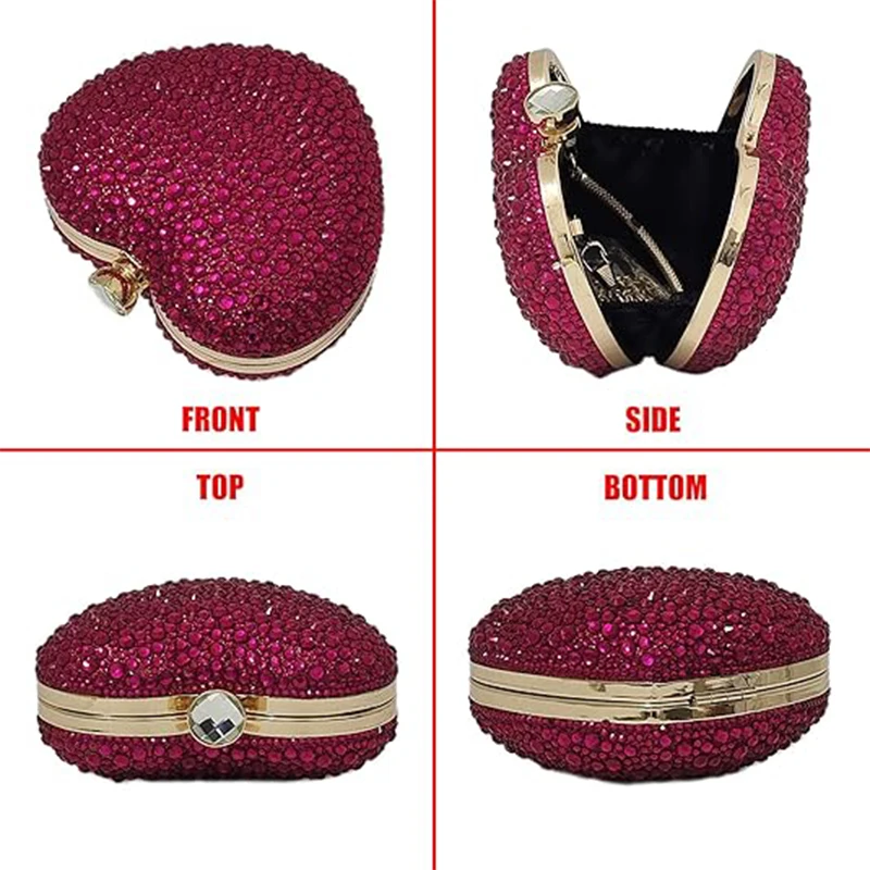 Luxury Diamond Heart Shape Clutch Evening Bag Shiny Crystal Handbag Wedding Dress Party Top-Handle Shoulder Bag Rhinestone