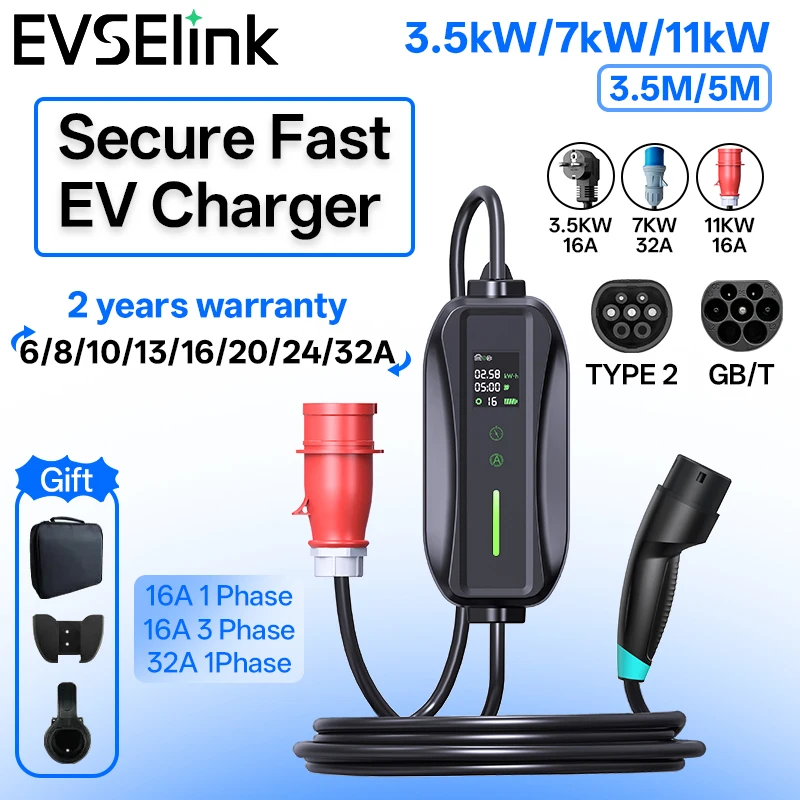 

EVSELink Ev charger Portable 3.5KW 7KW 11KW Type2 GBT 3.5M 5M Time Scheduling Current Adjustment Top-Selling Products