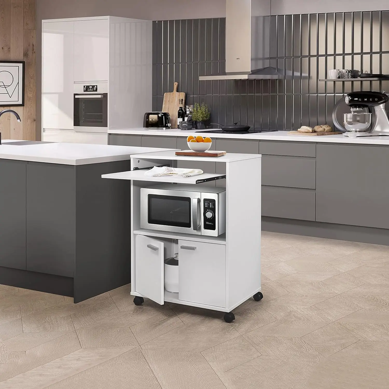 

Byron Microwave Cabinet With Storage And Upper Pull Out Shelf - 2 Door Cabinet Kitchen Storage Cart - Laminate Wood Kitchen