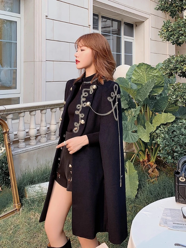 White Cloak Coat Women Mid-Length Woolen Blends Winter High Quality British Style Stand Collar Chain Wool Jacket Outwear Cape