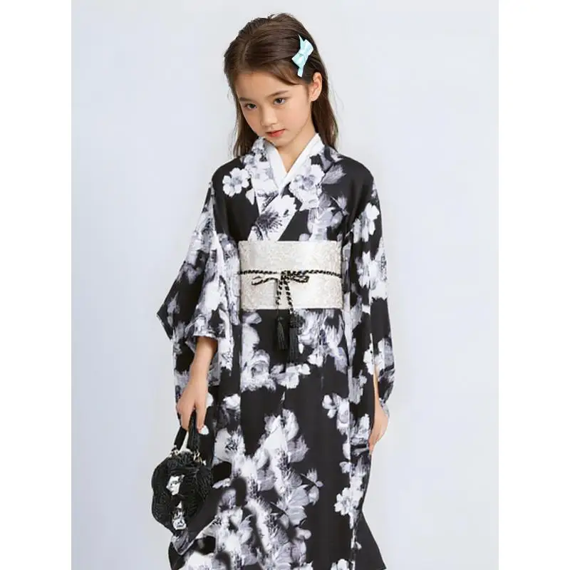 

2026 New Children Japanese Traditional Yukata Kimono With Obi Retro Flower Print Girl Kimono Dress Festival Show Cosplay Costume