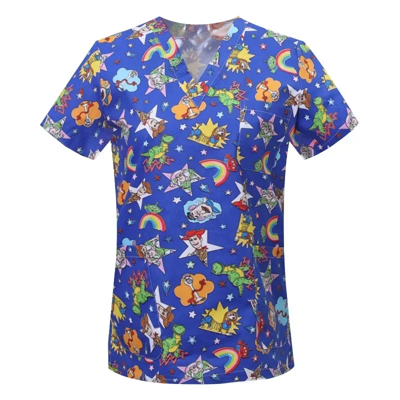 Cartoon Animals Print Pet Clinic Hospital Nursing Scrub Tops Shirts Cotton Dentistry Doctor Blouse Medical Surgical Uniforms