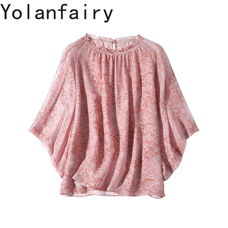 

YOLANFAIRY High-end 100%Real Mulberry Silk T Shirts for Woman Summer Light Luxury Bat Sleeve Tee Shirt Femme Pink T Shirt Blouse