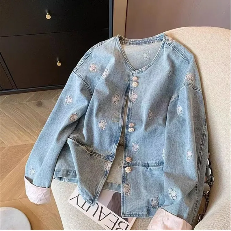

Women's Denim Spring Autumn Design Female Embroidery Outerwear Jacquard Single-breasted Sequined Jacquard Cowboy Coats