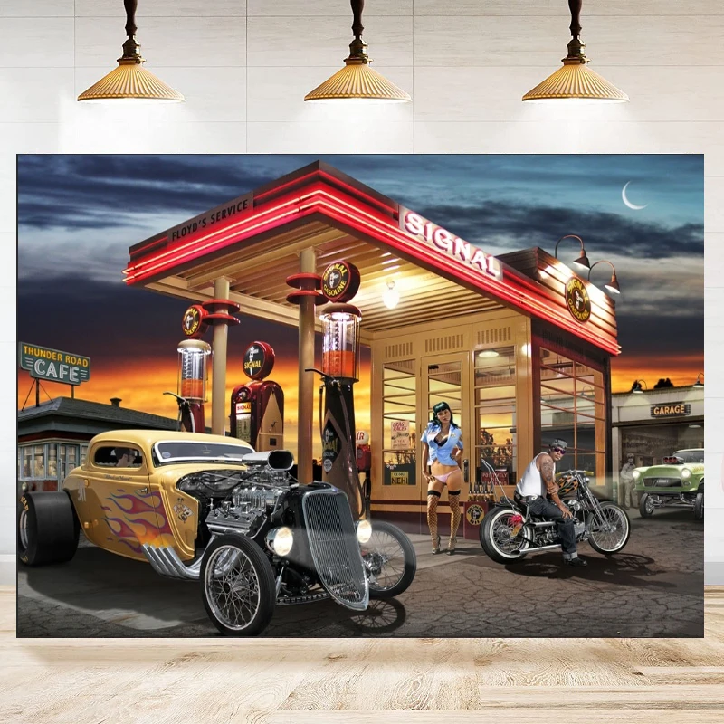 50s Photography Backdrop For Route 66 Gas Station Vintage Car Background Poster Party Decor Banner Photo Studio